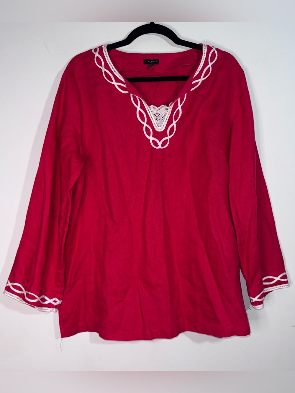 Talbots Red 100% Linen Blend Tunic Top Large White Trim 3/4 Sleeve Coastal